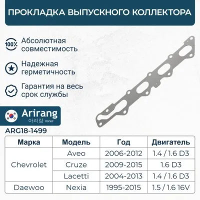 Прокладка выпускного коллектора Daewoo (Nexia 1.5 16V, Espero 1.5 16V, Lacetti, Re ARIRANG ARG181499