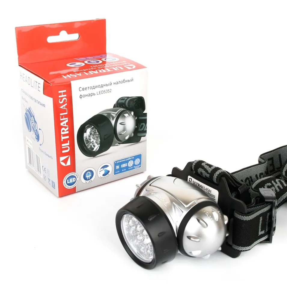 Фонарь налобн металлик, 14LED, 4 реж, 3XR03, пласт, коробка ULTRAFLASH LED5352
