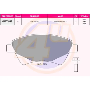 Колодки передние REN MEGANE II1.6-2.0/1.5DCI/1.9DCI 02-(с болтами) 4U 4UP03849