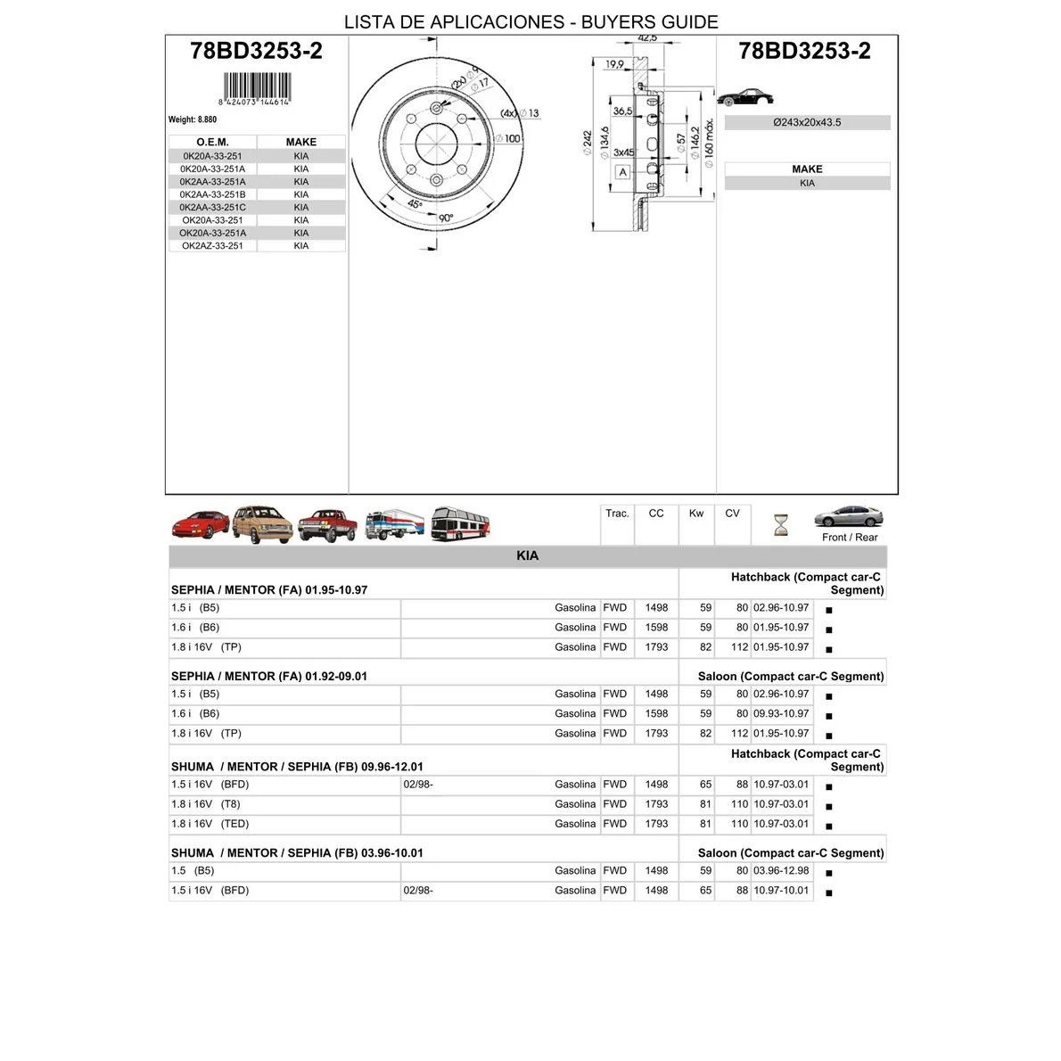 Диск тормозной передний KIA SEPHIA/SHUMA ICER 78BD3253-2