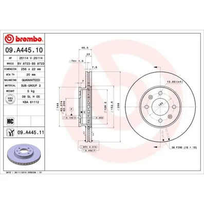 Диск тормозной передний вентилируемый [256X22] 4 отверстий BREMBO 09A44511