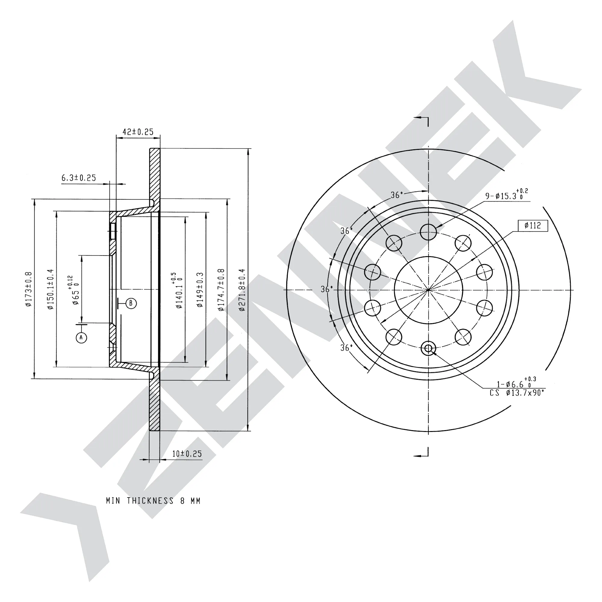 Диск тормозной задний AUDI A1 10-, A3 12-(2 шт) ZENNEK DBD0068