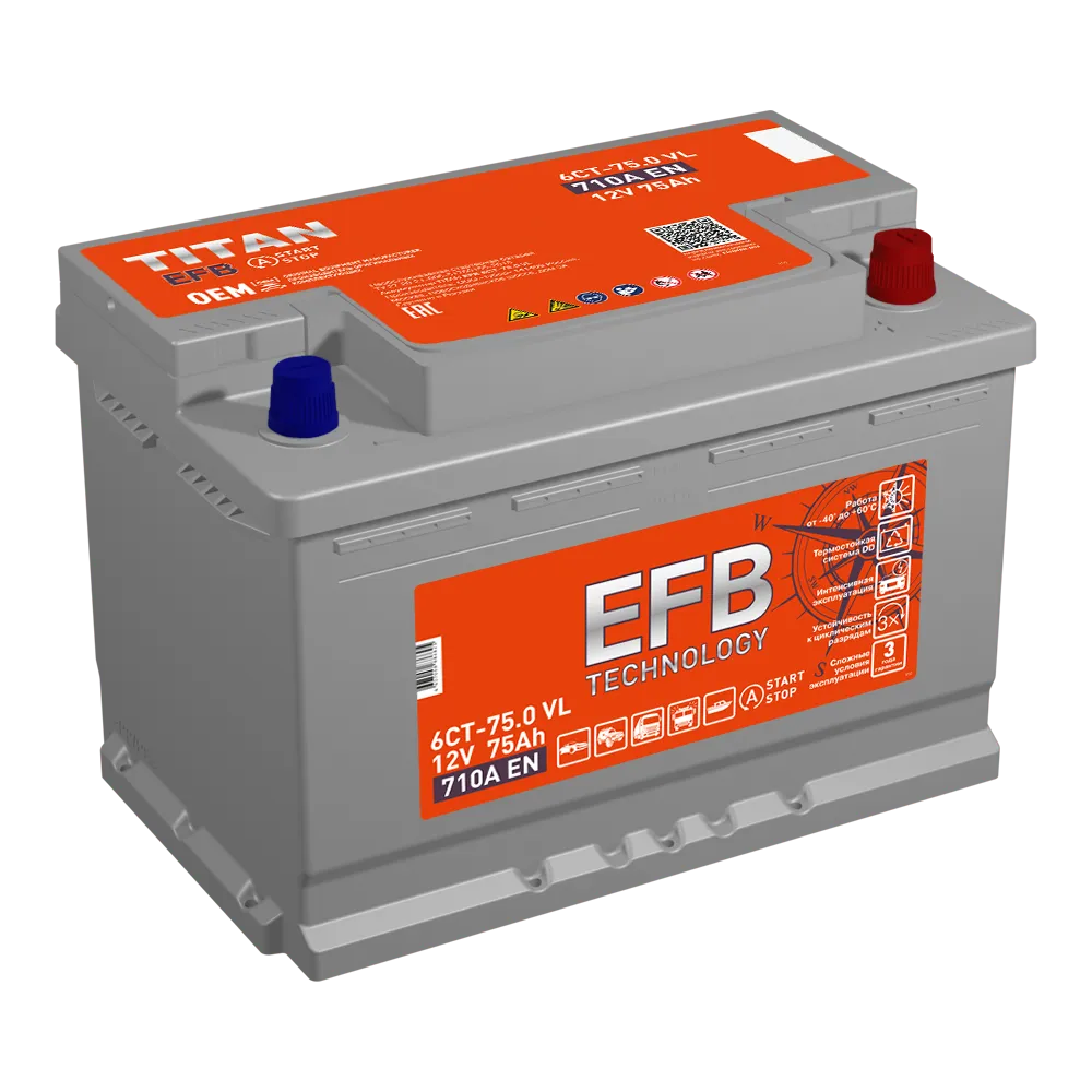 Аккумулятор TITAN EFB 75 А/ч Обратная R+ 276х175х190 EN710 A