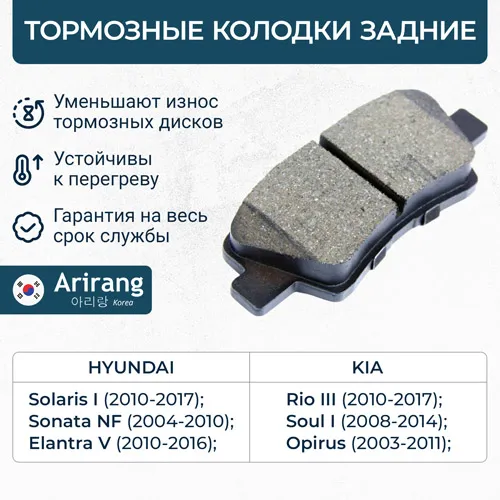 Колодки дискового тормоза зад. Hyundai (Solaris, Elantra 2010, Sonata NF/Tucson 1 ARIRANG ARG281196