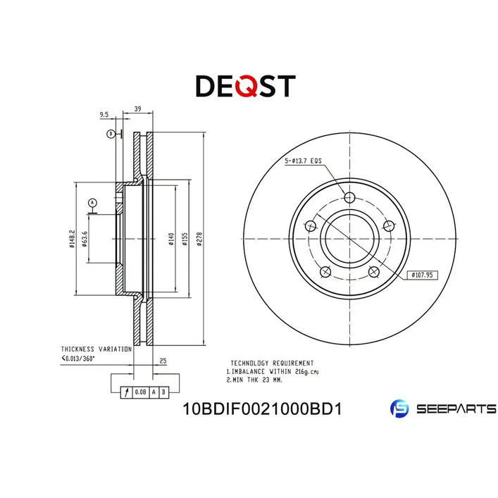 Диск тормозной передний FORD C-MAX 02.07-/ FORD FOCUS C-MAX 10.03-03.07/FOR DEQST 10BDIF0021000