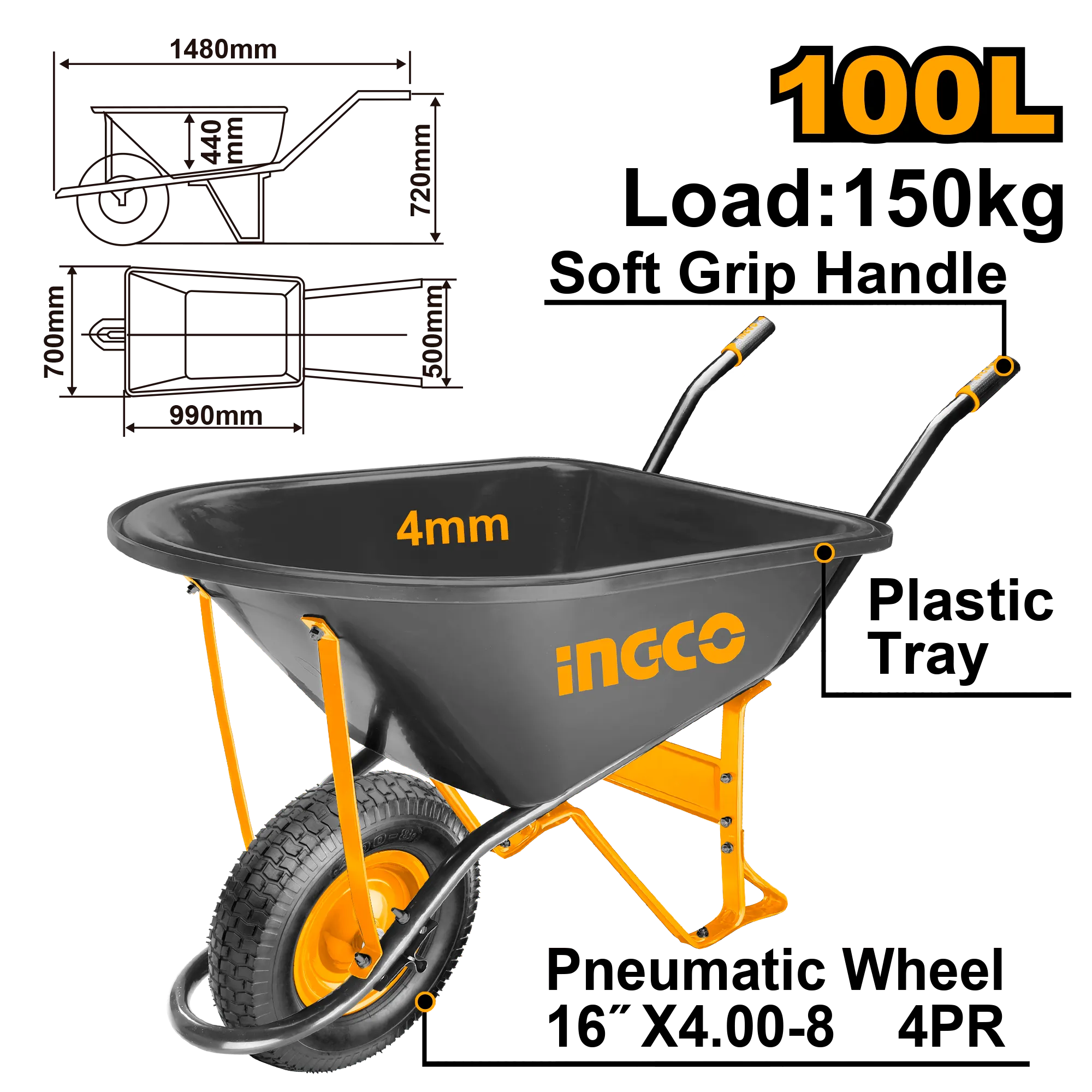 Тачка 150 кг INDUSTRIAL INGCO HHWB66018