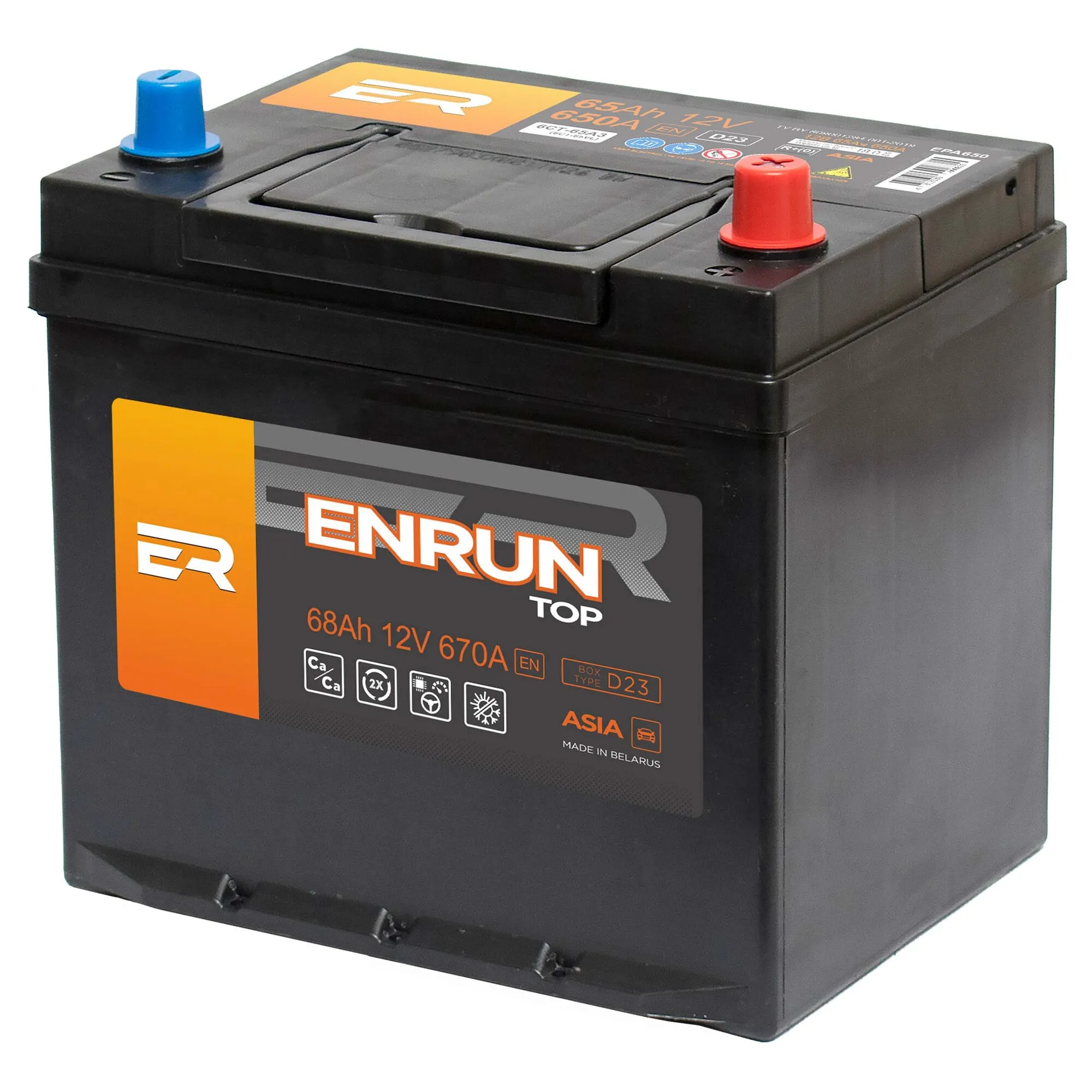 Аккумулятор ENRUN 68 А/ч обратный R+ 230x179x225 D23 EN 670 А