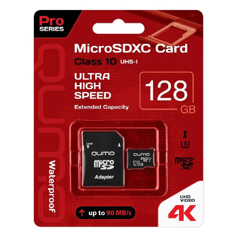 Карта памяти MicroSDXC 128 GB 90/70 МБ/с UHSI U3, Pro seria 3.0 QUMO 24627
