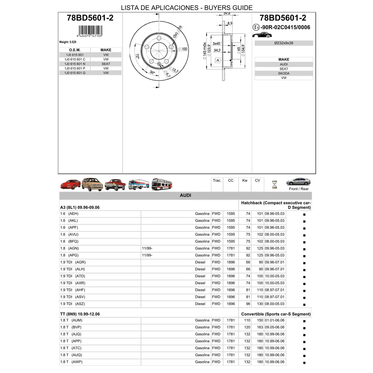 Диск тормозной задний AD A3 VW G4 ICER 78BD5601-2