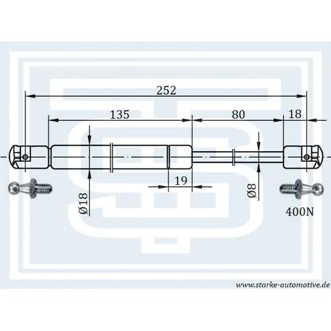 Амортизатор капота VOLVO S60 I / S80 I / V70 II / XC70 CROSS COUNTRY L252mm / 400N STARKE 186-210