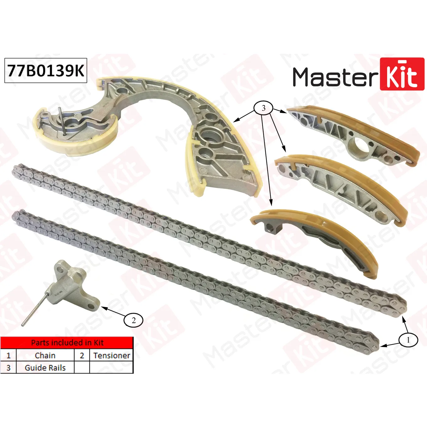 Комплект цепи ГРМ Audi A4/Volkswagen Toyareg 3.0 TDI BKN/BKS/CATA 04-10 (без звездочек) MASTERKIT 77B0139K