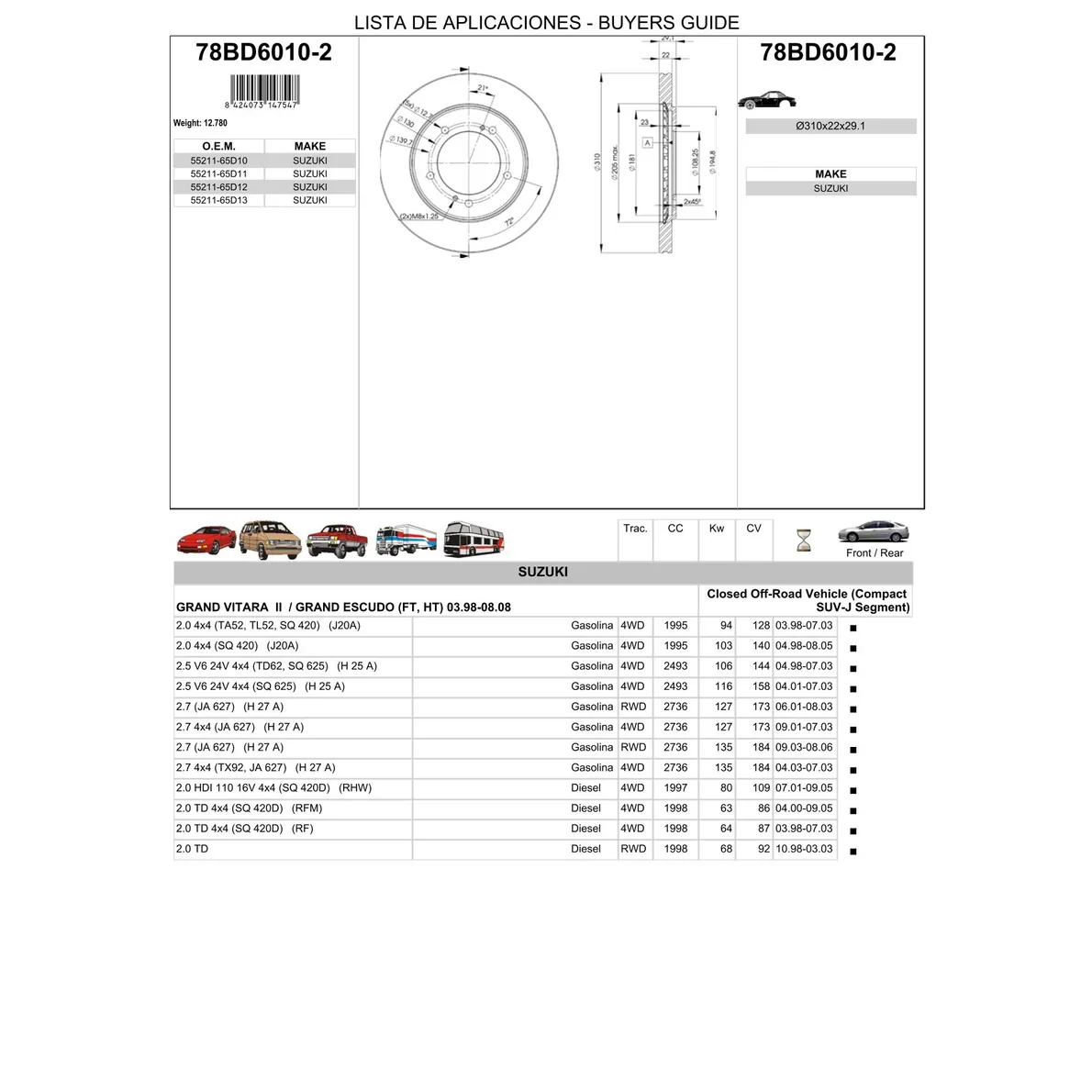 Диск тормозной передний SUZUKI GRAND VITARA ICER 78BD6010-2