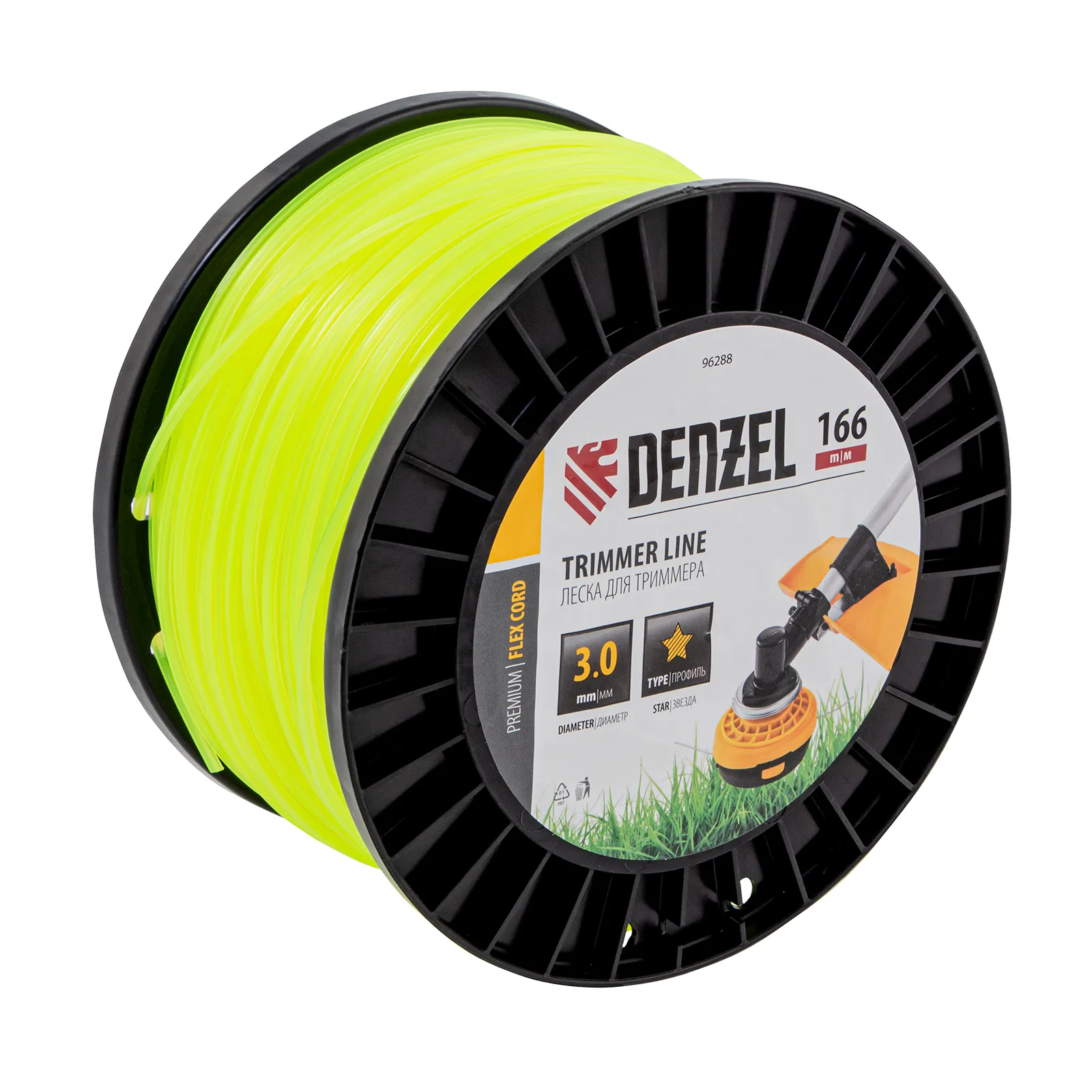Леска для триммера звезда, 3,0мм х 166м, на DIN катушке FLEX CORD Denzel 96288