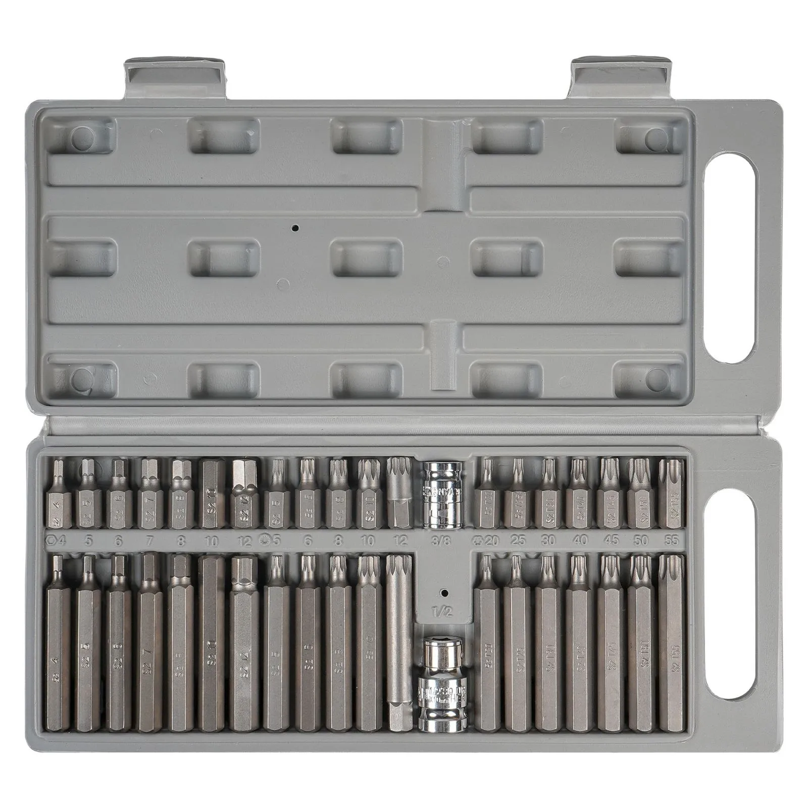Набор бит вставок TORX, SPLINE, HEX 3/8 30мм и 75мм с держателями бит 1/2 и 3/8 DR 40 предметов в кейсе AIRLINE AT-B-52