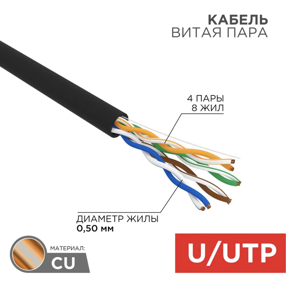 Кабель витая пара U/UTP, категория 5e, PE, 4PR, 24AWG, внешний, черный, 25 м REXANT 01-0045-25
