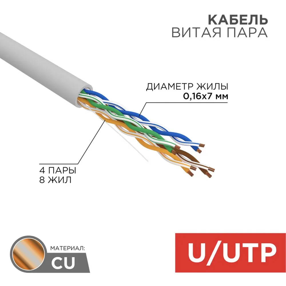 Кабель витая пара U/UTP, категория 5e, PVC, 4PR, 24AWG, внутренний, многожильный, серый, 305 м REXANT 01-0044