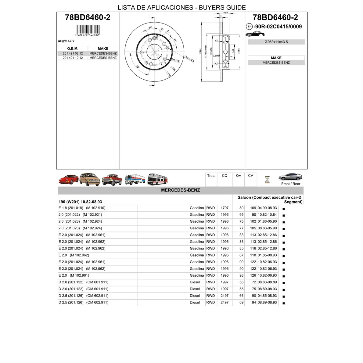 Диск тормозной передний MB W201 /D=262MM ICER 78BD6460-2