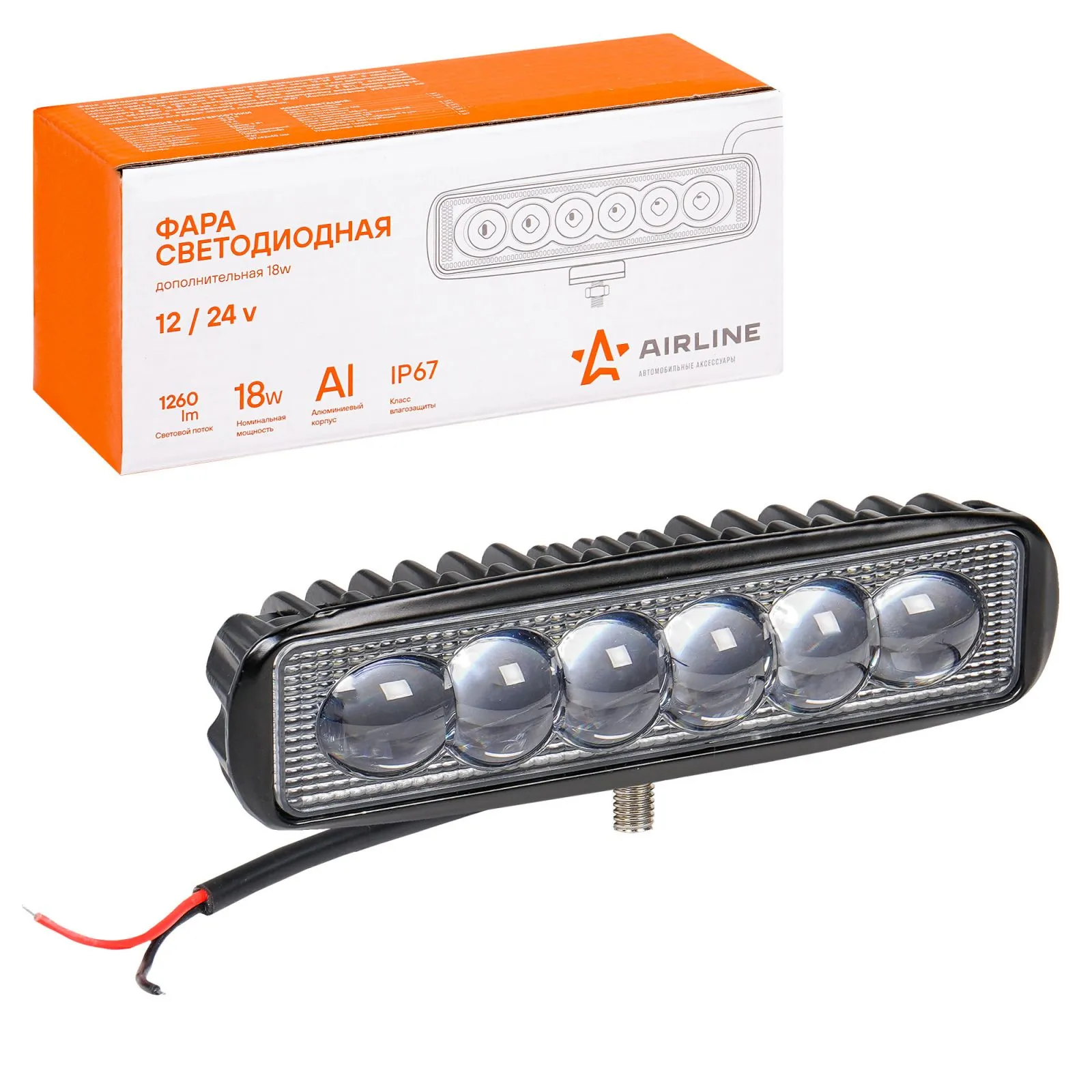 Фара светодиодная прямоугольная 6LED, 4D линза, 18Вт, 157х42х40мм, 12/24В AIRLINE ALED006