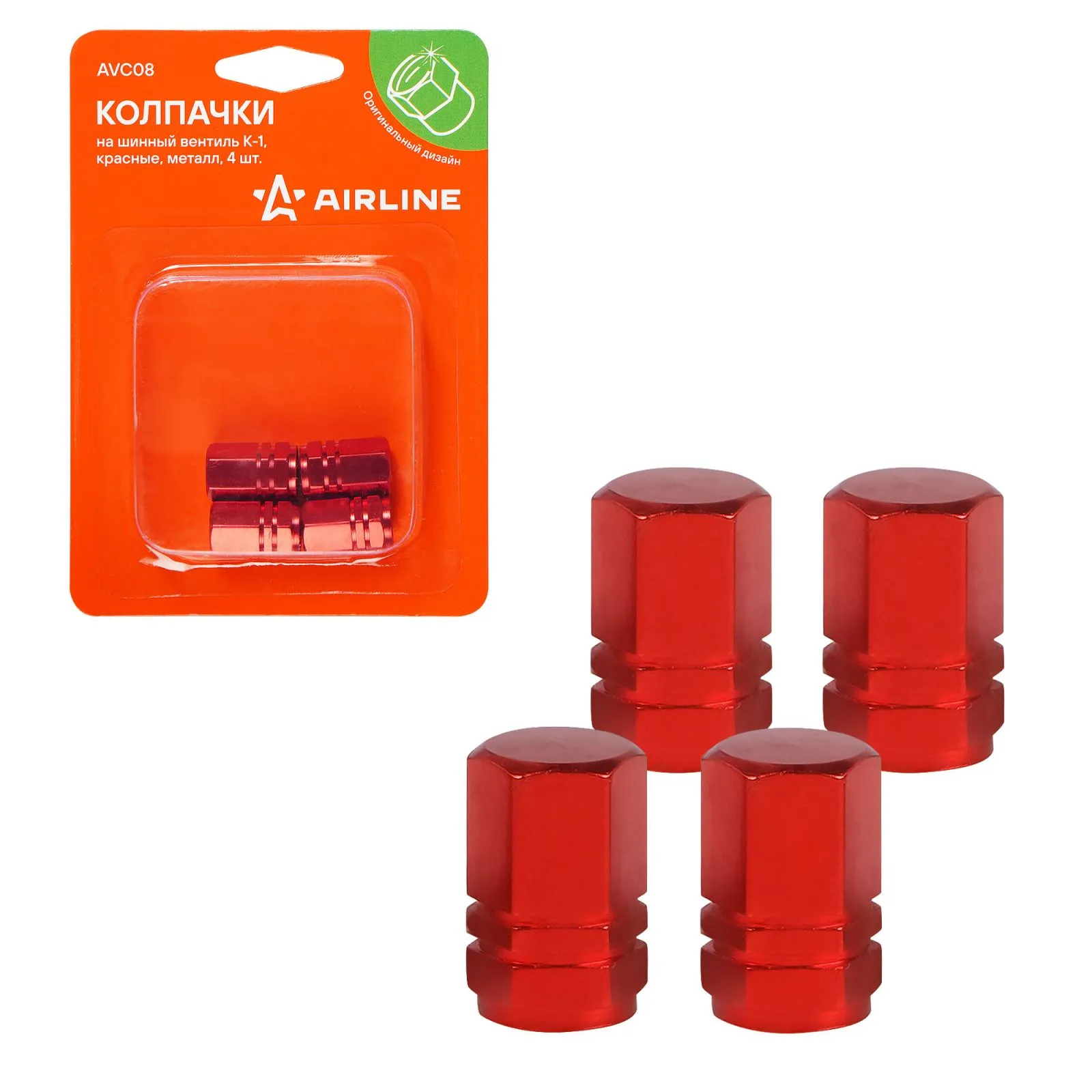 Колпачки на шинный вентиль K-1, красные, металл, 4 шт. AIRLINE AVC08