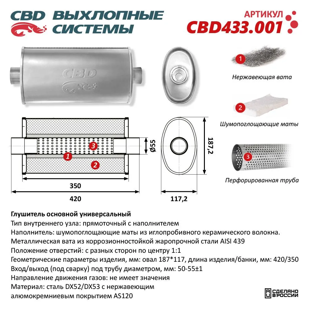 Глушитель Нержавеющий. Овал D187x117, L427/350. Прямоточный под трубу 50-55мм. CBD CBD433.001