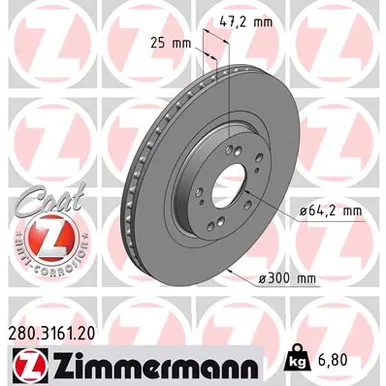 Диск тормозной передний вентилируемый HONDA CIVIC 2.0 TYPE-R I SPORT 01-05 300X25 цо 64,2 ZIMMERMANN 280316120