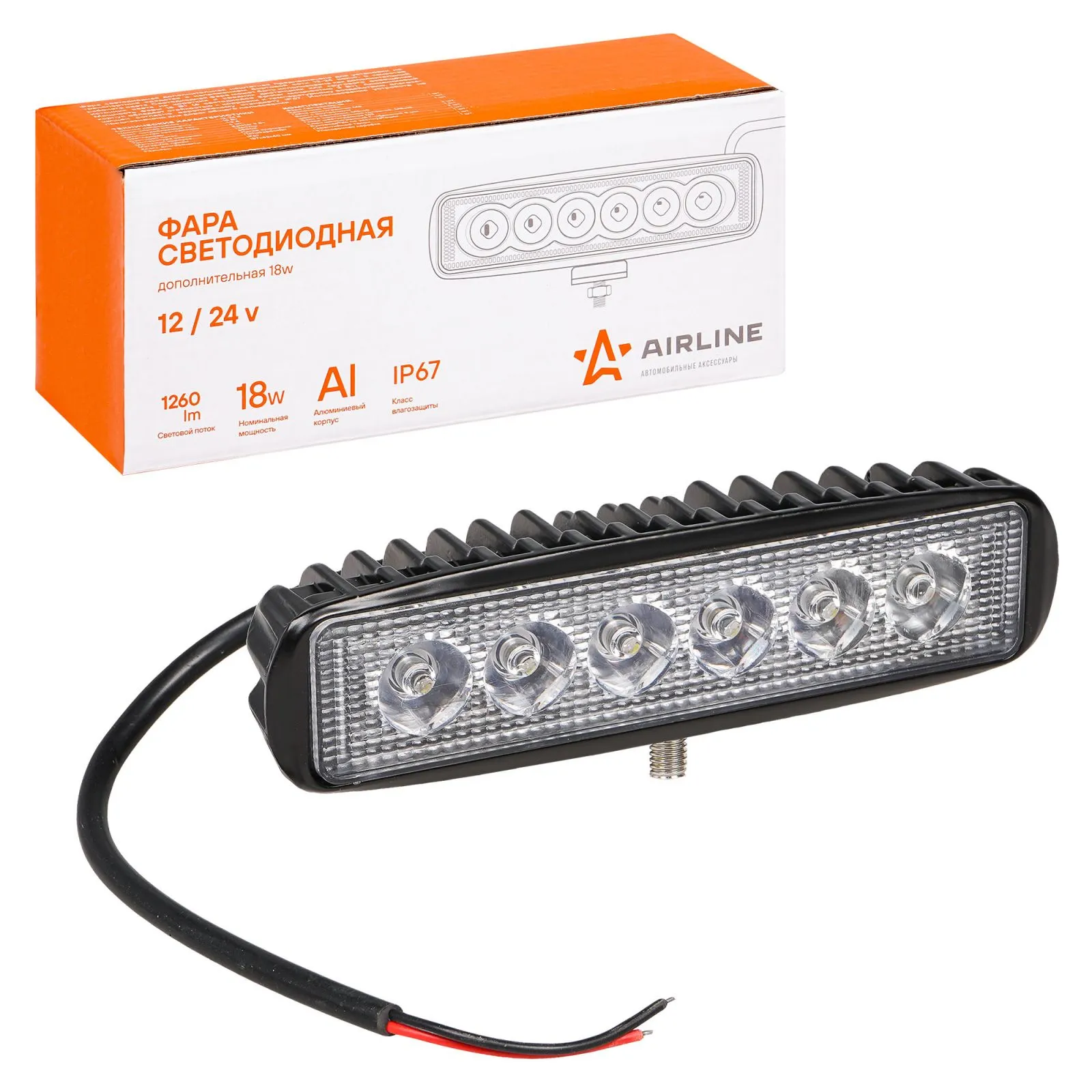 Фара светодиодная прямоугольная 6LED, направленный свет, 18Вт, 157х42х40мм, 12/24В AIRLINE ALED004