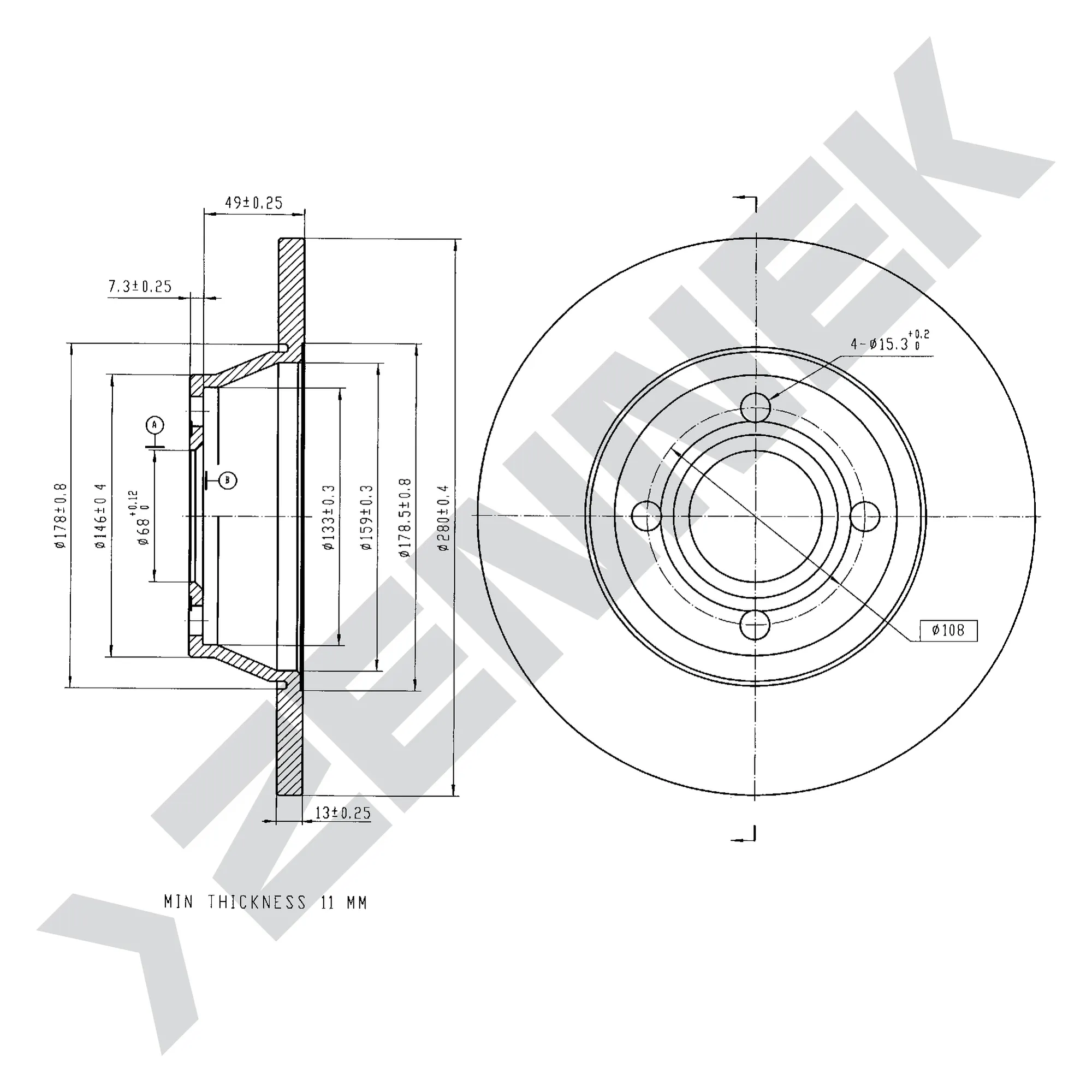 Диск тормозной передний AUDI 80 B4 91-96 (2 шт) ZENNEK DBD0078