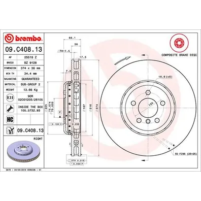 Диск тормозной BMW 5 F07/F10/7 F01-04 передний правый вент. D=374 мм. BREMBO 09.C408.13