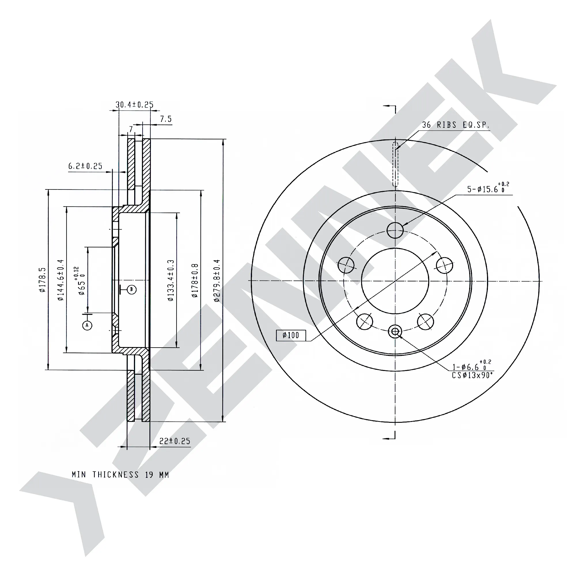 Диск тормозной передний AUDI A3 96-06, SKODA OCTAVIA 96-10 (2 шт) ZENNEK DBD0074