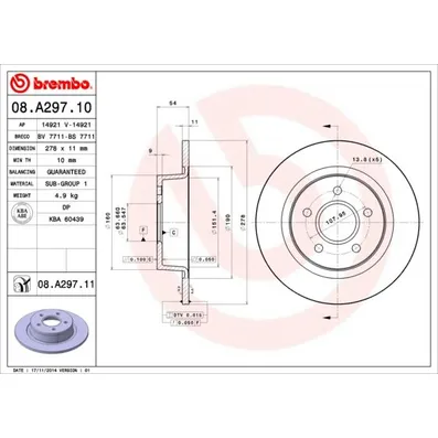 Диск тормозной задний, FORD TOURNEO CONNECT 02-, TRANSIT CONNECT 02- BREMBO 08A29711