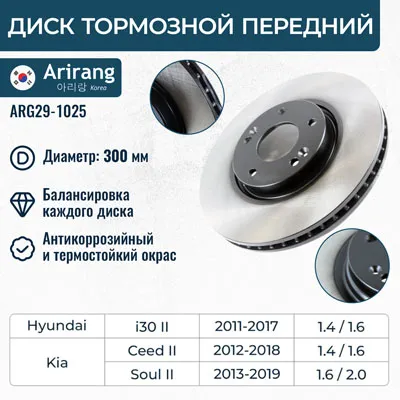 Диск тормозной передний KIA CEE'D 12 SOUL 13- HYUNDAI I30 12- ARIRANG ARG291025