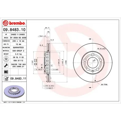 Диск тормозной передний SKODA FABIA 12/06 BREMBO 09848311