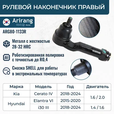 Наконечник рулевой тяги правый Hyundai (Elantra 17-, I30 17-), Kia (Ceed 19-) ARIRANG ARG80-1133R