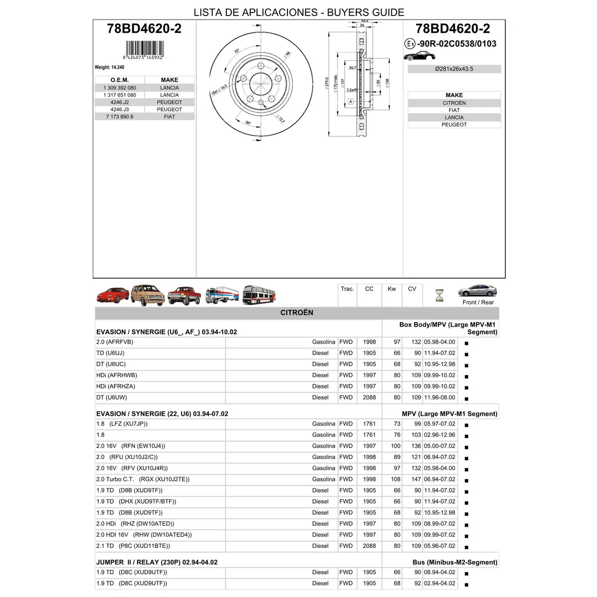 Диск тормозной передний PSA JUMPY/EXPERT + FIAT SCUDO 99-> /VENT D=281MM ICER 78BD4620-2