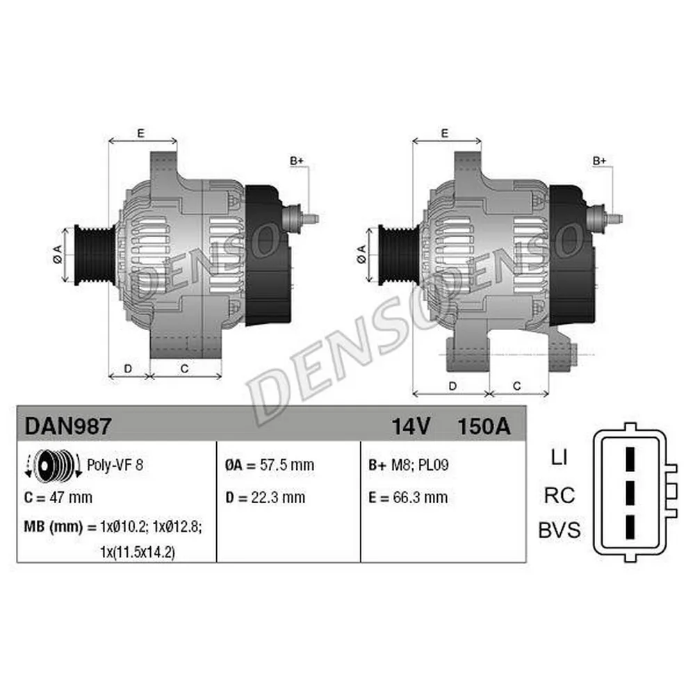 Генератор 14V 150A DENSO DAN987