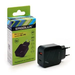 Сетевой адаптер 18Вт 1USB+1Type C, 100-220В, 5-9V/3А, QC, Черный, Коробка ERGOLUX ELX-РA01QC-C02