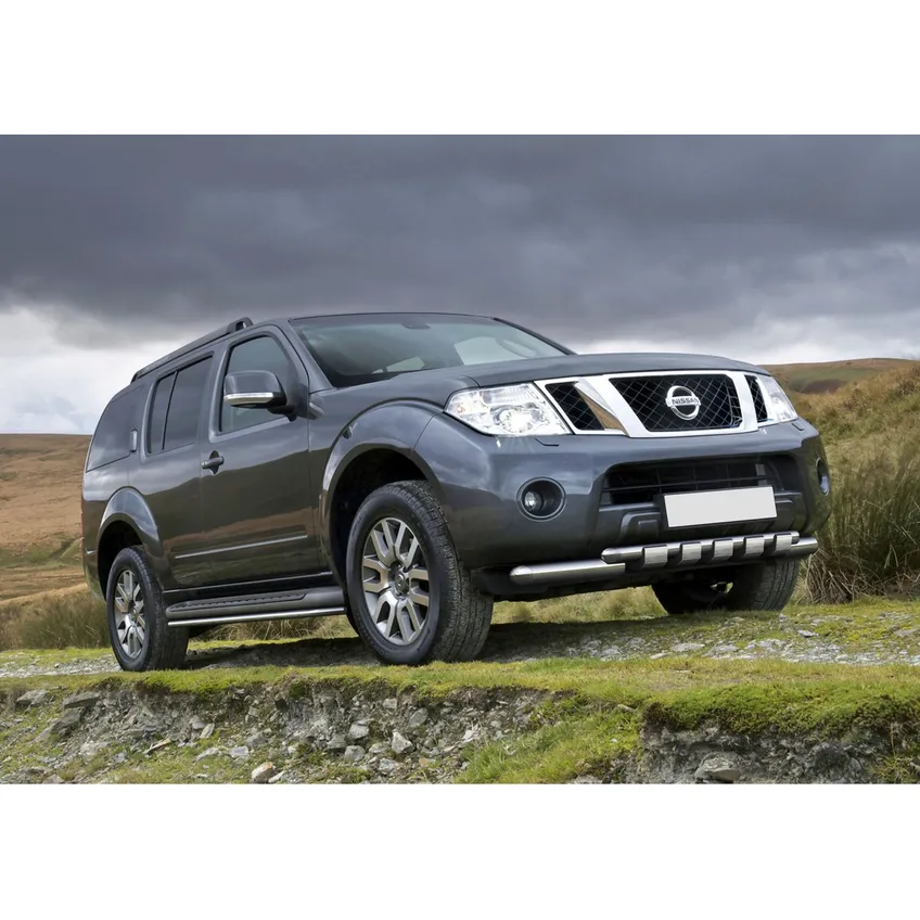 Защита переднего бампера d76+d57 с профильной защитой картера Rival для Nissan Pathfinder R51 рестайлинг 2010-2014, нерж. сталь, R.4105.016