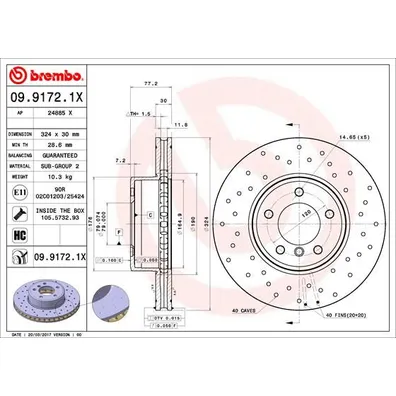 Диск тормозной передний D324MM BMW (BRILLIANCE) 5 SERIES (E60) 07 BREMBO 0991721X