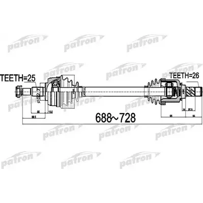Полуось передний мост слева 25x688x52,7x26 RENAULT FLUENCE PATRON PDS0529