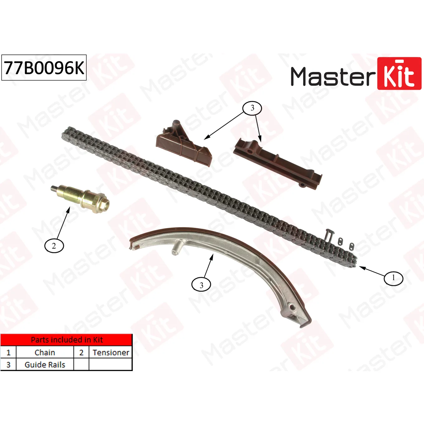 Комплект цепи ГРМ Mercedes-Bez Sprinter/W202/W210 OM601/602/603 93-02 (без звездочки) MASTERKIT 77B0096K