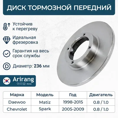 Диск тормозной передний D236MM DAEWOO MATIZ M100 98-05 ARIRANG ARG291011