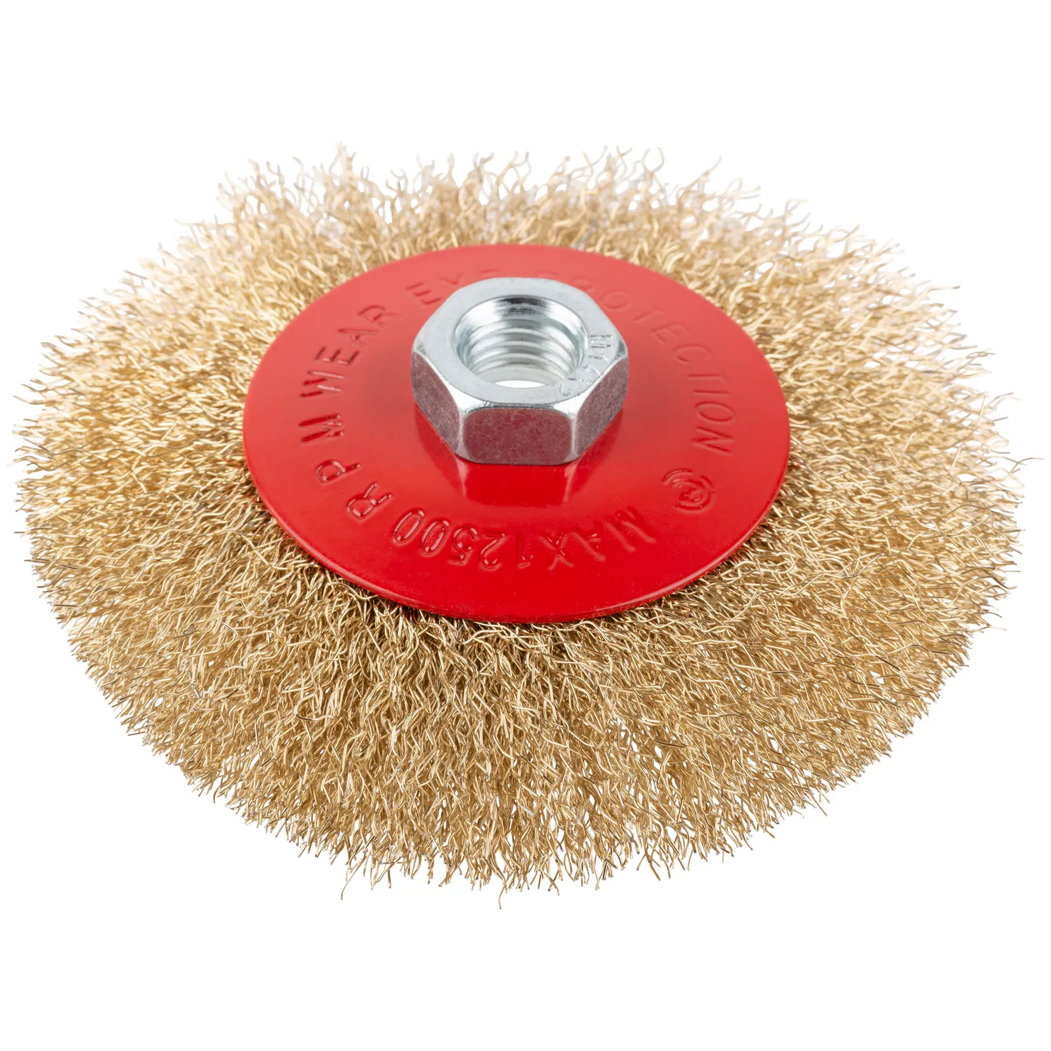 Корщетка-колесо с наклоном, гайка М14, стальная латунированная волнистая проволока 115 мм, блистер КУРС 39084