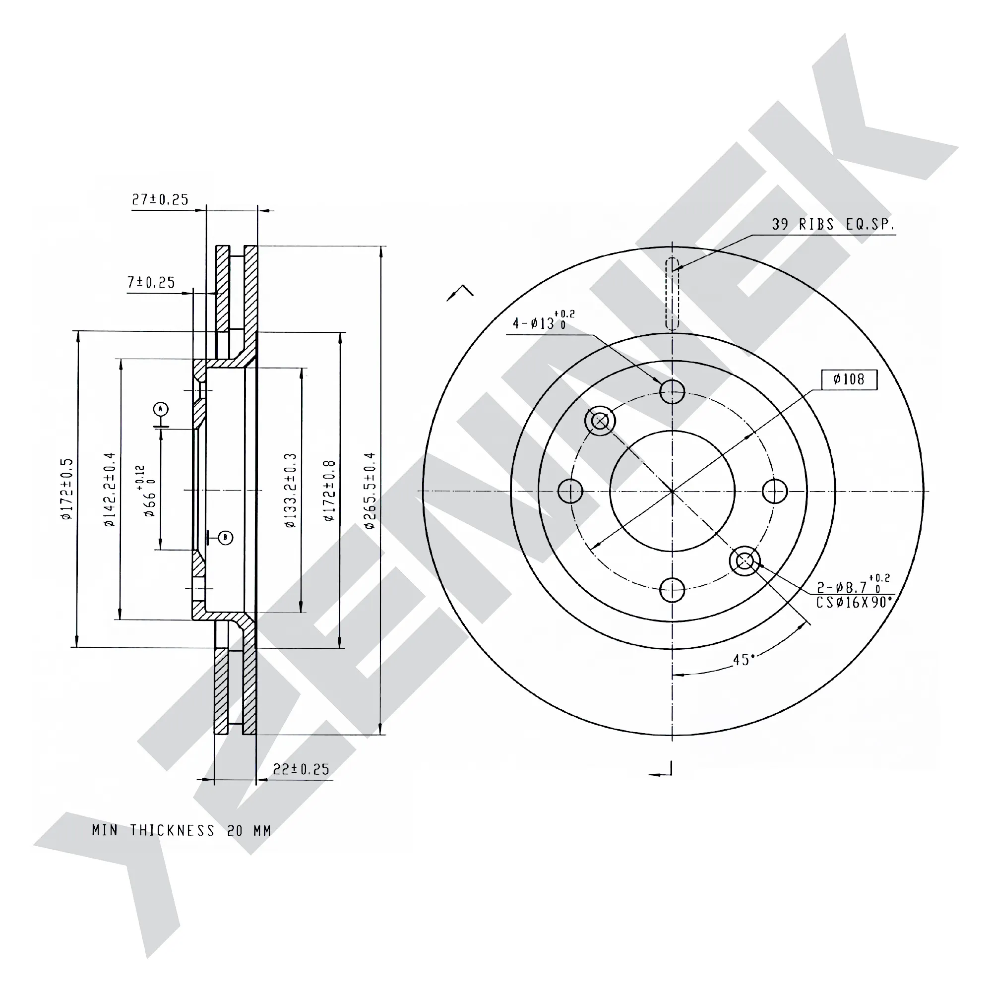 Диск тормозной передний CITRON BERLINGO 96-11, C2 03-17 (2 шт) ZENNEK DBD0015
