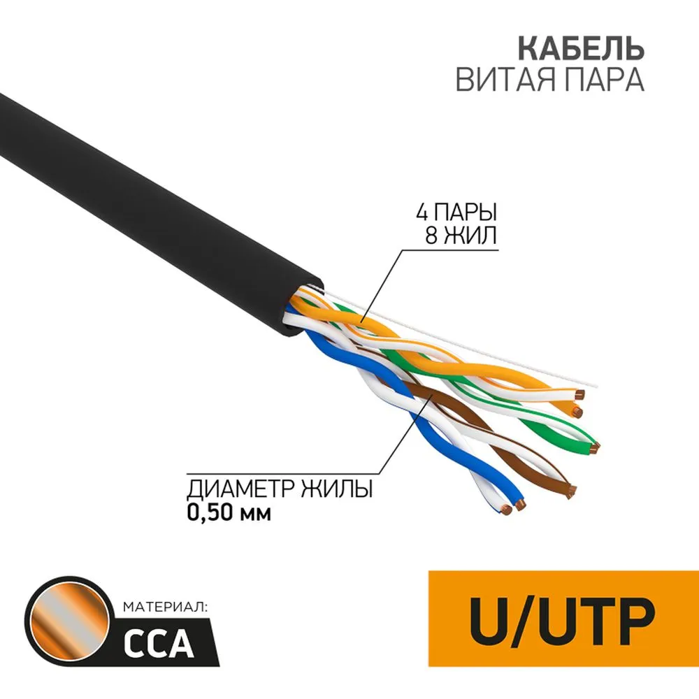 Кабель витая пара омедненный, U/UTP, CAT 5e, PE, 4PR, 24AWG, OUTDOOR, SOLID, черный, 305м, PROconnect 01-0045-3