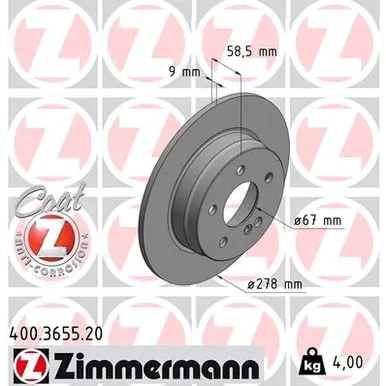 Диск тормозной задний [278X9] 5 отв[MIN 2] COAT Z MB W204 ZIMMERMANN 400.3655.20
