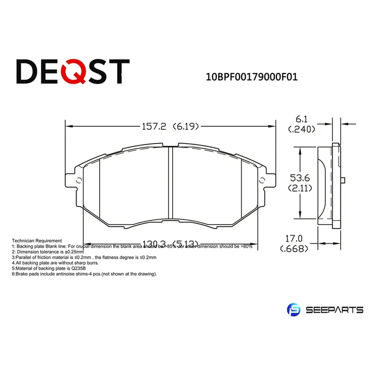 Колодки тормозные, передние SUBARU LEGACY/OUTBACK/TRIBECA 2.0-3.6 03- DEQST 10BPF00179000