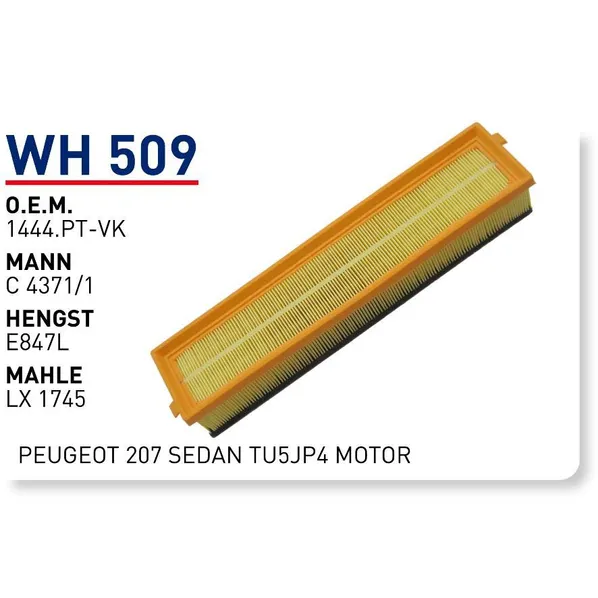 Фильтр воздушный CITROEN С4/PEUGEOT 308 WUNDER FILTER WH509