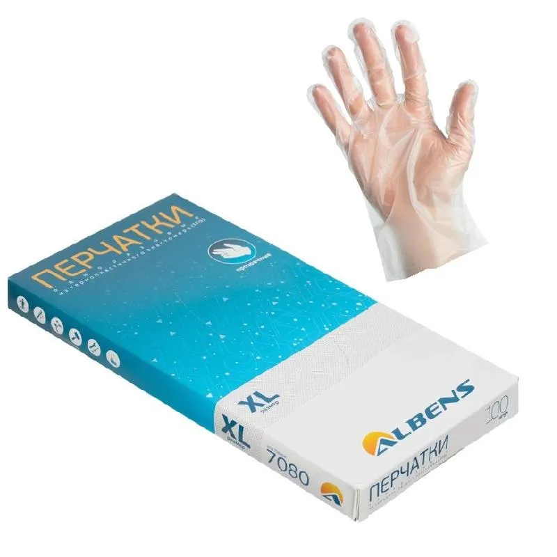 Перчатки одноразовые ТПЭ прозрачные,Albens (7080) разм.Универс 100шт/уп,ПС 1303846