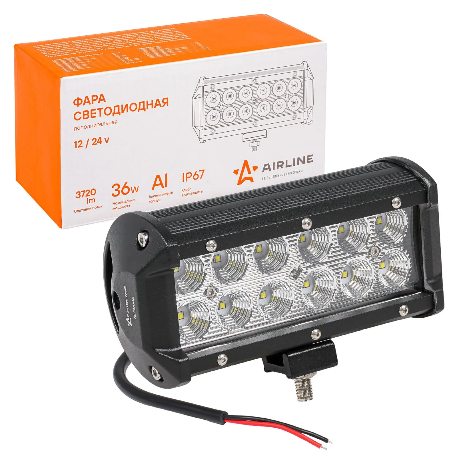 Фара светодиодная (балка) двухрядная 12LED, рассеяный свет, 36Вт, 165х78х65мм, 12/24В AIRLINE ALED046