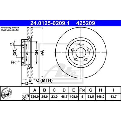 Диск тормозной передний FORD FOCUS III/KUGA II/CONNECT II /VENT D=320MM ATE 24.0125-0209.1